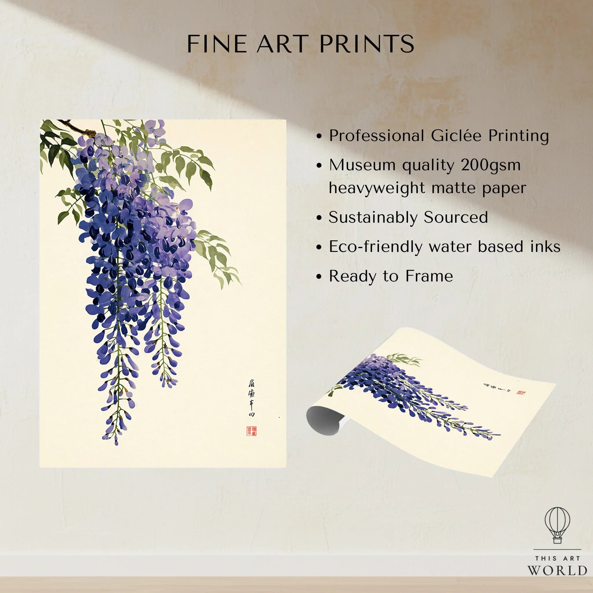 Japanese Wisteria Art Print – Deep Blue Botanical Wall Art — fine art print unframed quality details
