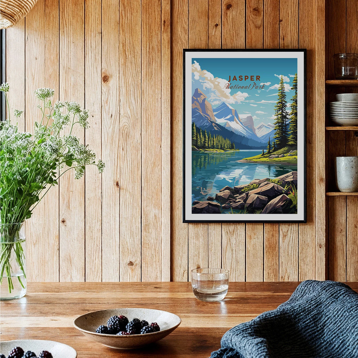 Jasper National Park art print with mountains and lake, framed on rustic kitchen wall