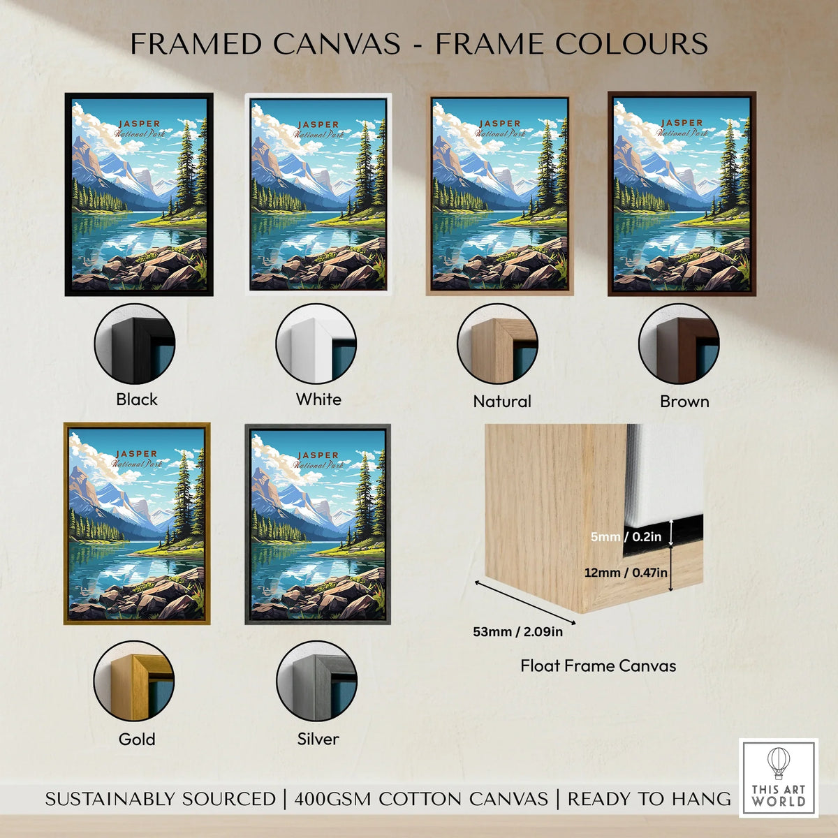 Jasper National Park wall art in float frame canvas, shown with six frame color options.