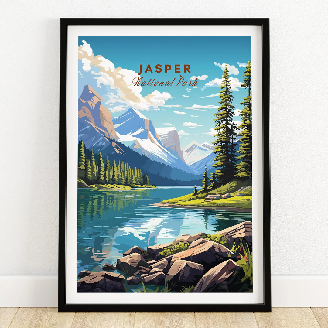 Jasper National Park art print in black frame, featuring mountains, forest, and a lake.