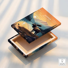 Jasper National Park wall art print with elk and mountain landscape on stretched canvas.