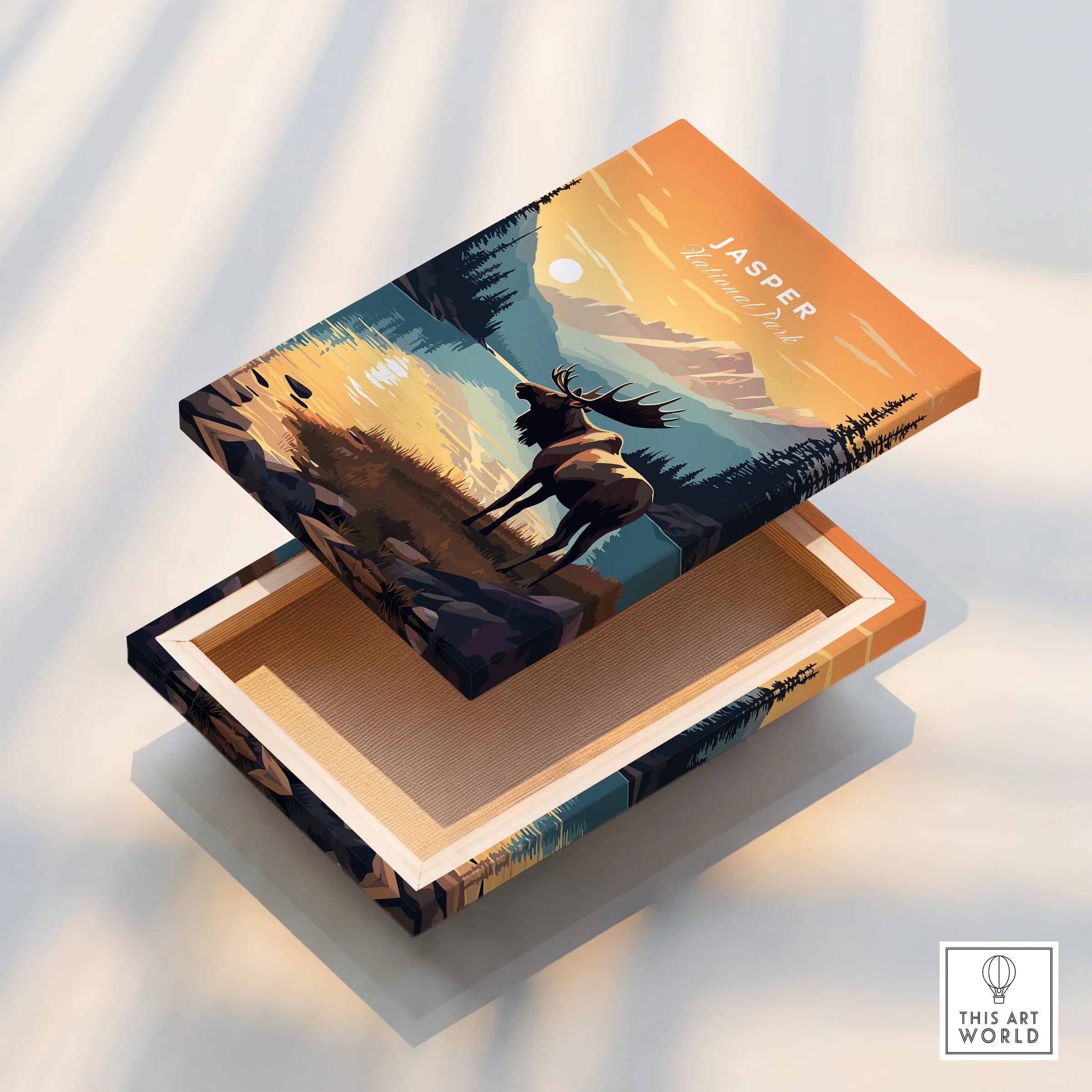 Jasper National Park wall art print with elk and mountain landscape on stretched canvas.