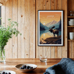 Jasper National Park art print with moose and mountain lake, framed in rustic kitchen setting