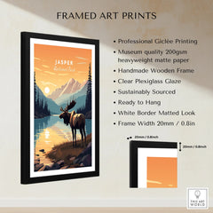 Framed Jasper National Park travel poster with moose, mountain landscape, and print details.