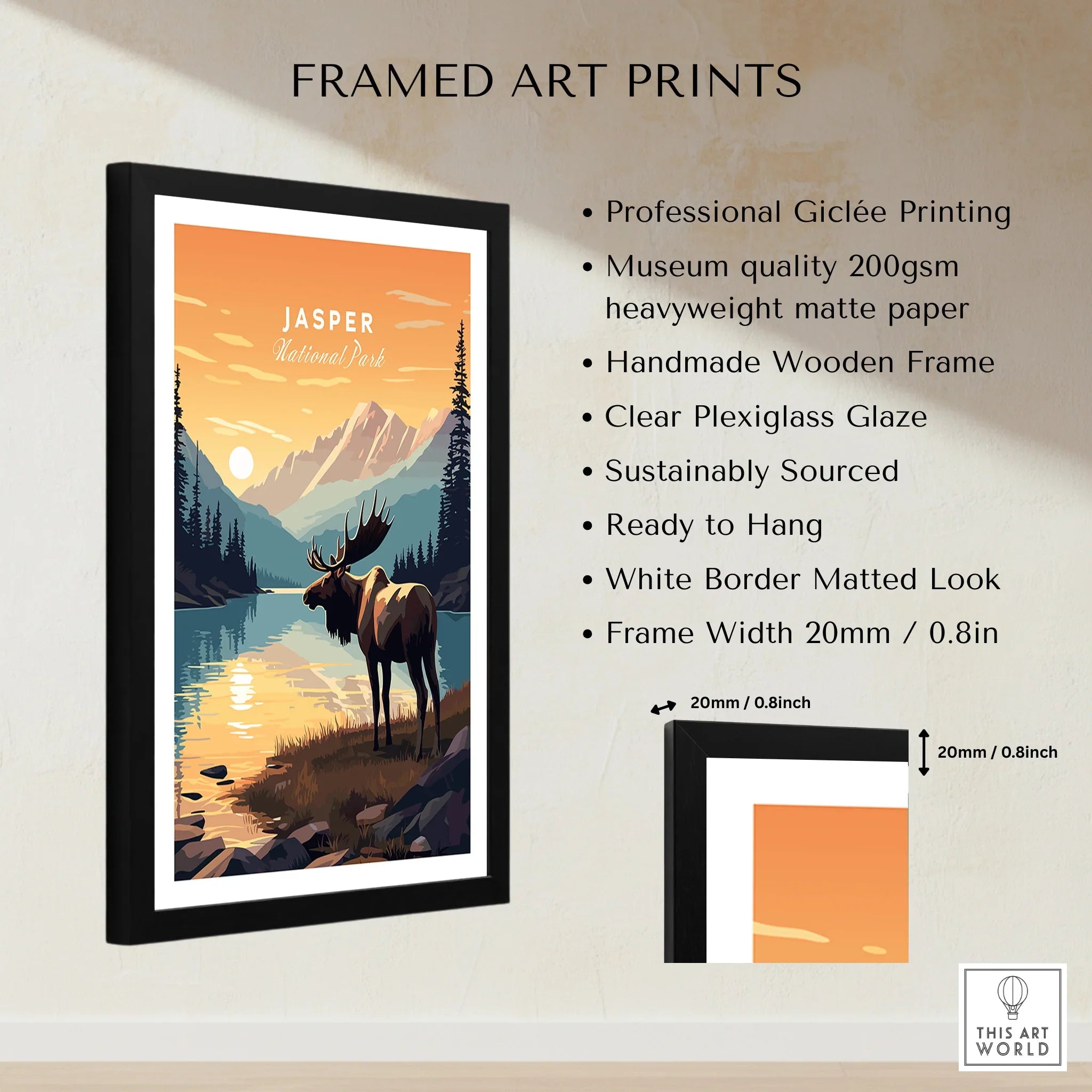 Framed Jasper National Park travel poster with moose, mountain landscape, and print details.