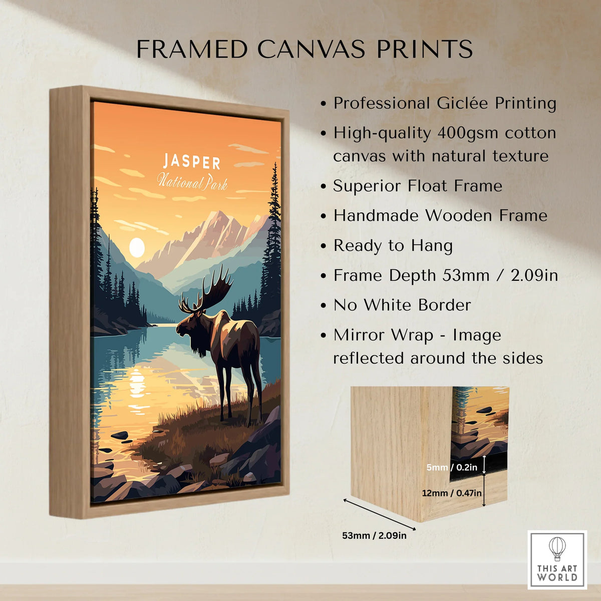 Jasper National Park moose wall art print in float frame, mountain landscape decor
