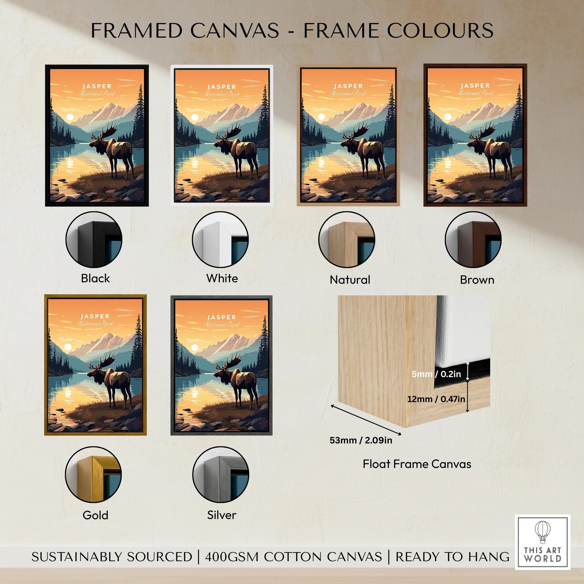 Jasper National Park framed canvas wall art in six frame colors, mountain moose print