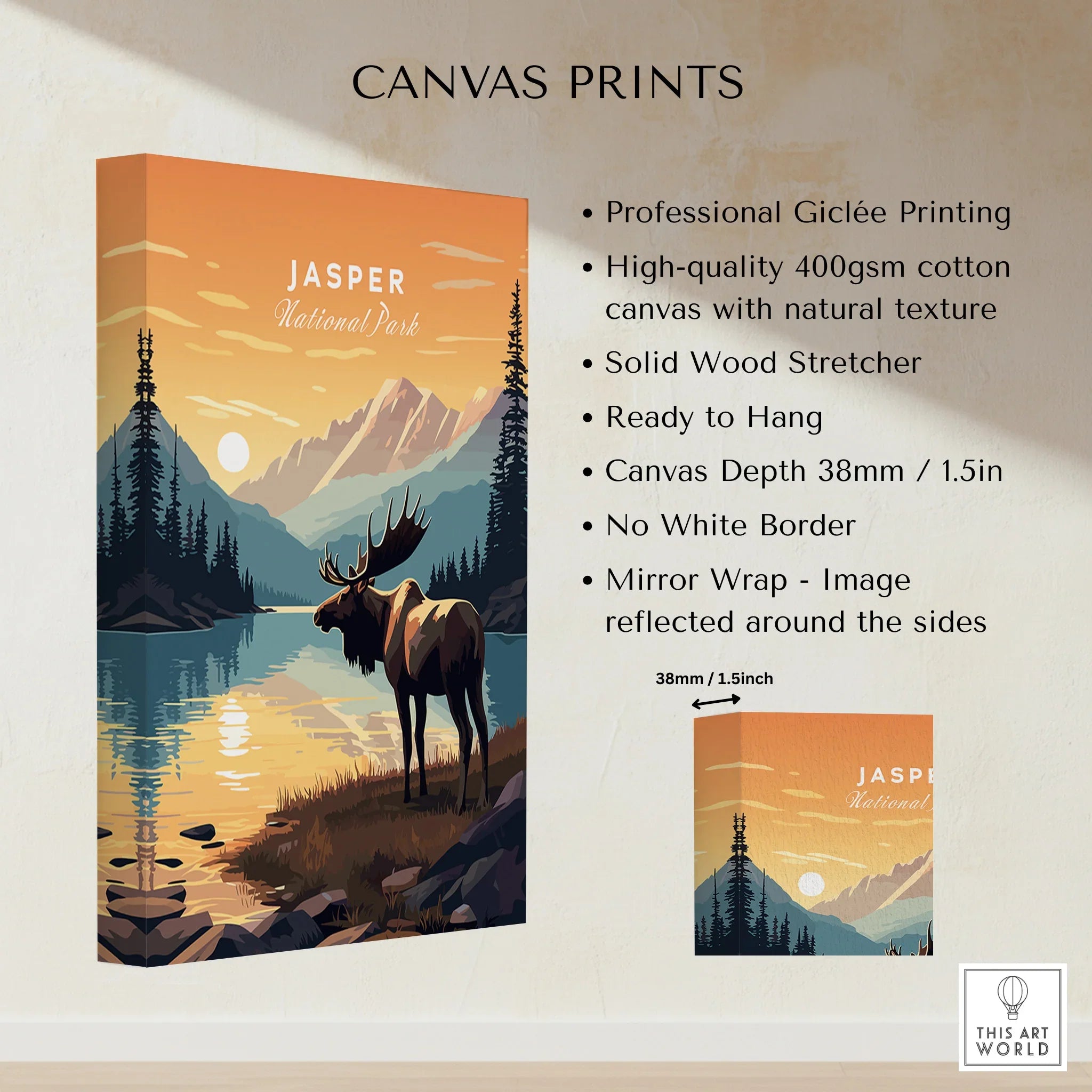 Jasper National Park canvas print with moose, lake, and mountains, wall art decor