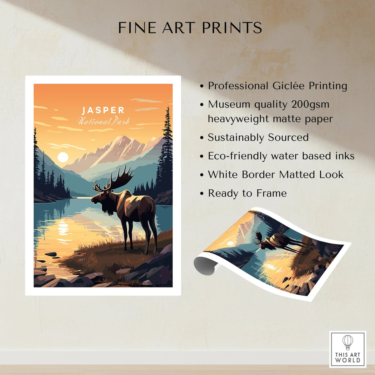 Jasper National Park art print with moose, lake, and mountain landscape at sunset.