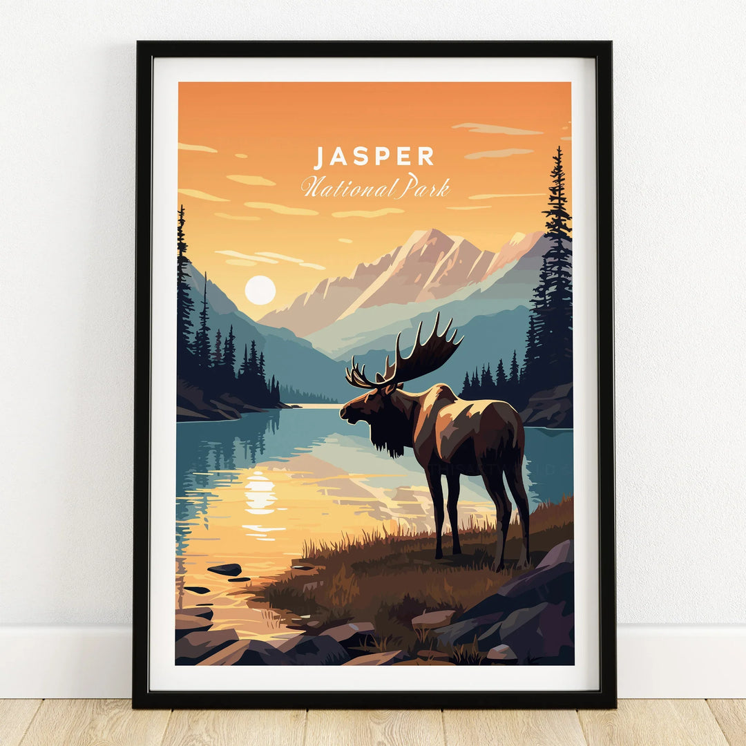 Jasper National Park art print with moose, mountain, and lake in black frame on wooden floor