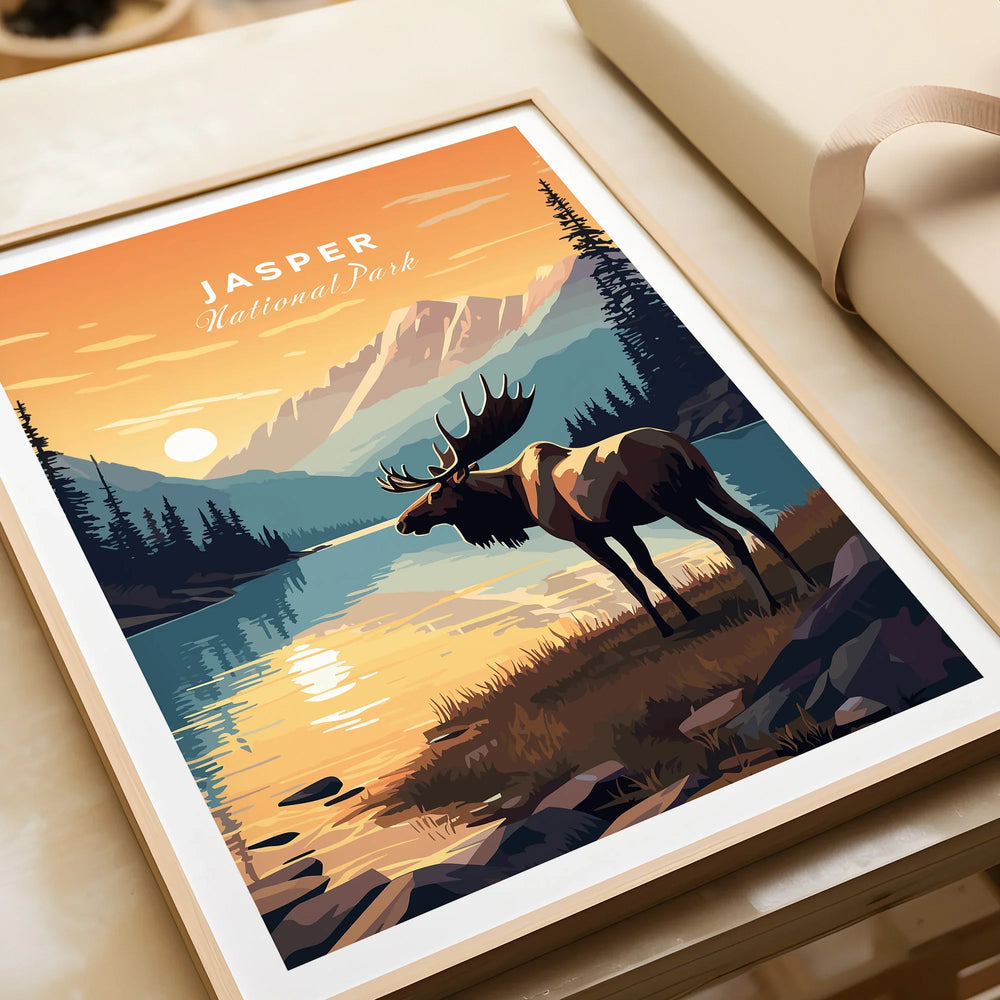 Framed Jasper National Park art print featuring a moose by a lake at sunset