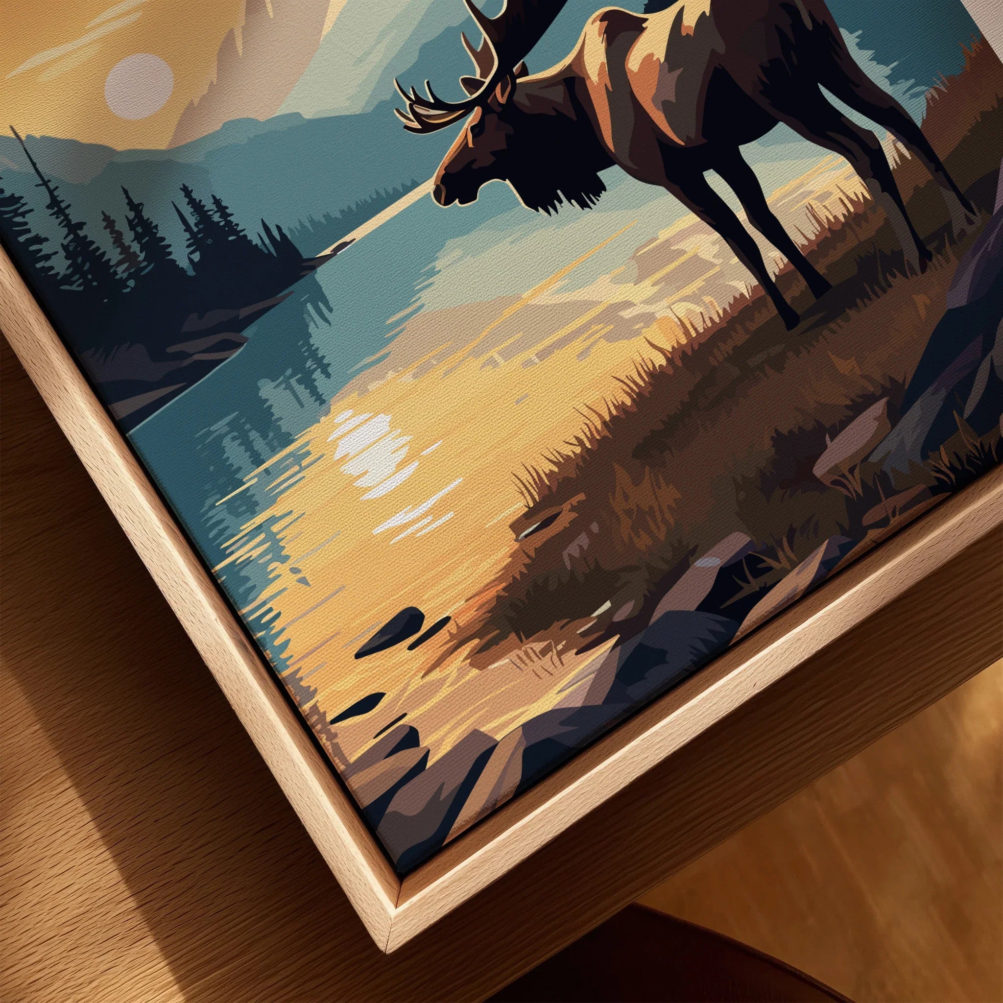 Framed canvas wall art of a moose by a sunlit lake in Jasper National Park, closeup view