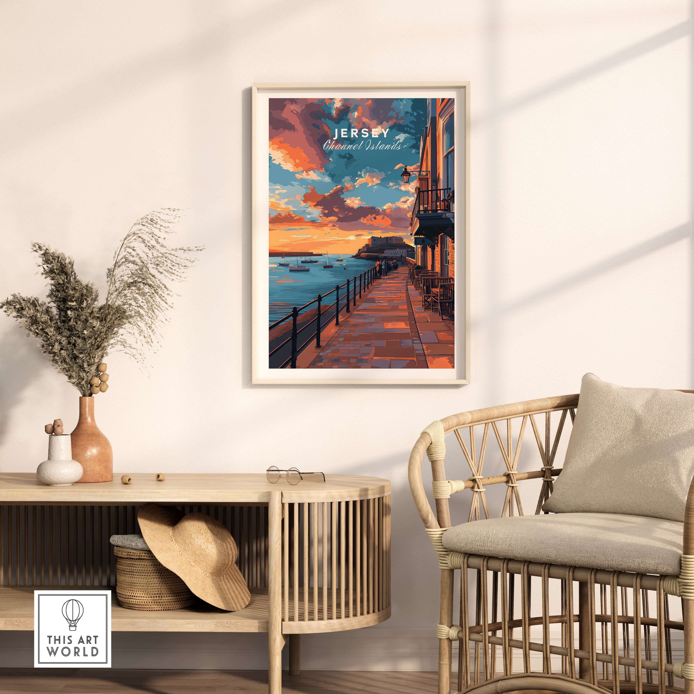 Jersey Poster - Elizabeth Castle Twilight Print showcased in a cozy living room setting with soft evening light.