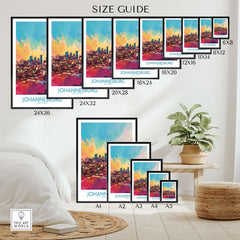 Joburg Skyline Poster - Johannesburg, South Africa Premium Cityscape Art Size Guide with various frame sizes.