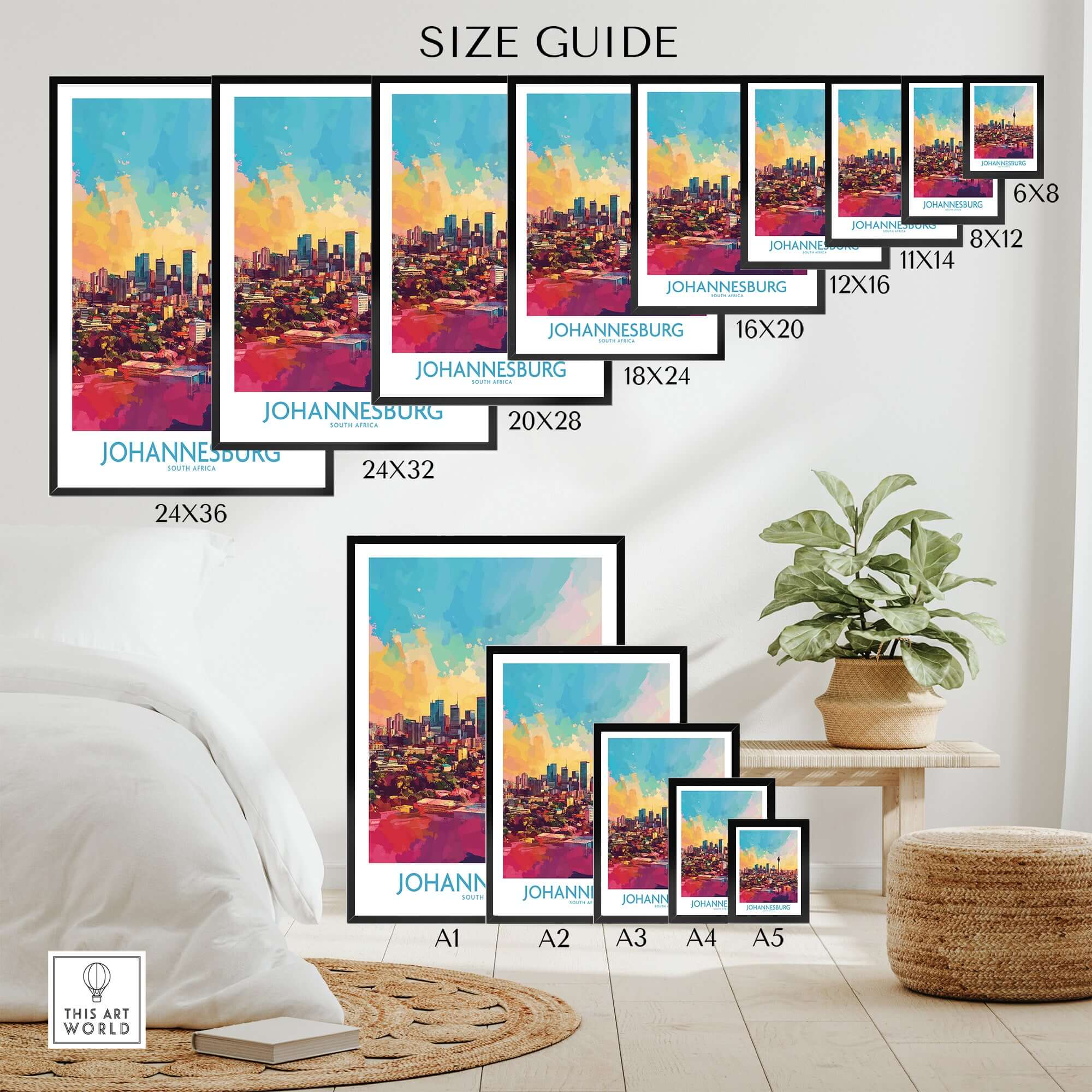 Joburg Skyline Poster - Johannesburg, South Africa Premium Cityscape Art Size Guide with various frame sizes.