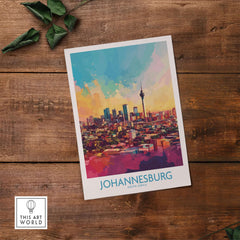 Joburg Skyline Poster - Johannesburg, South Africa Premium Cityscape Art displayed on a wooden background.