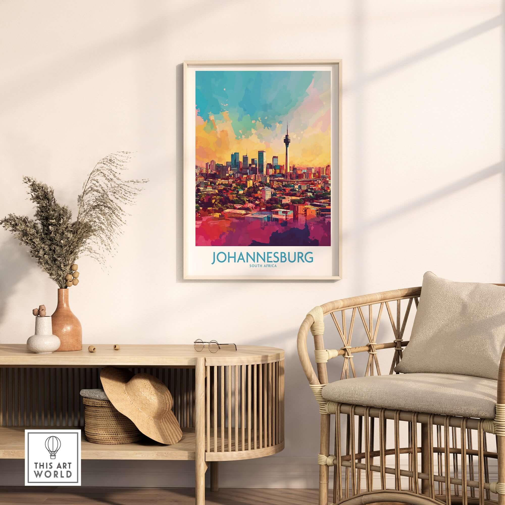 Joburg Skyline Poster - Johannesburg, South Africa Premium Cityscape Art displayed in a stylish living room.