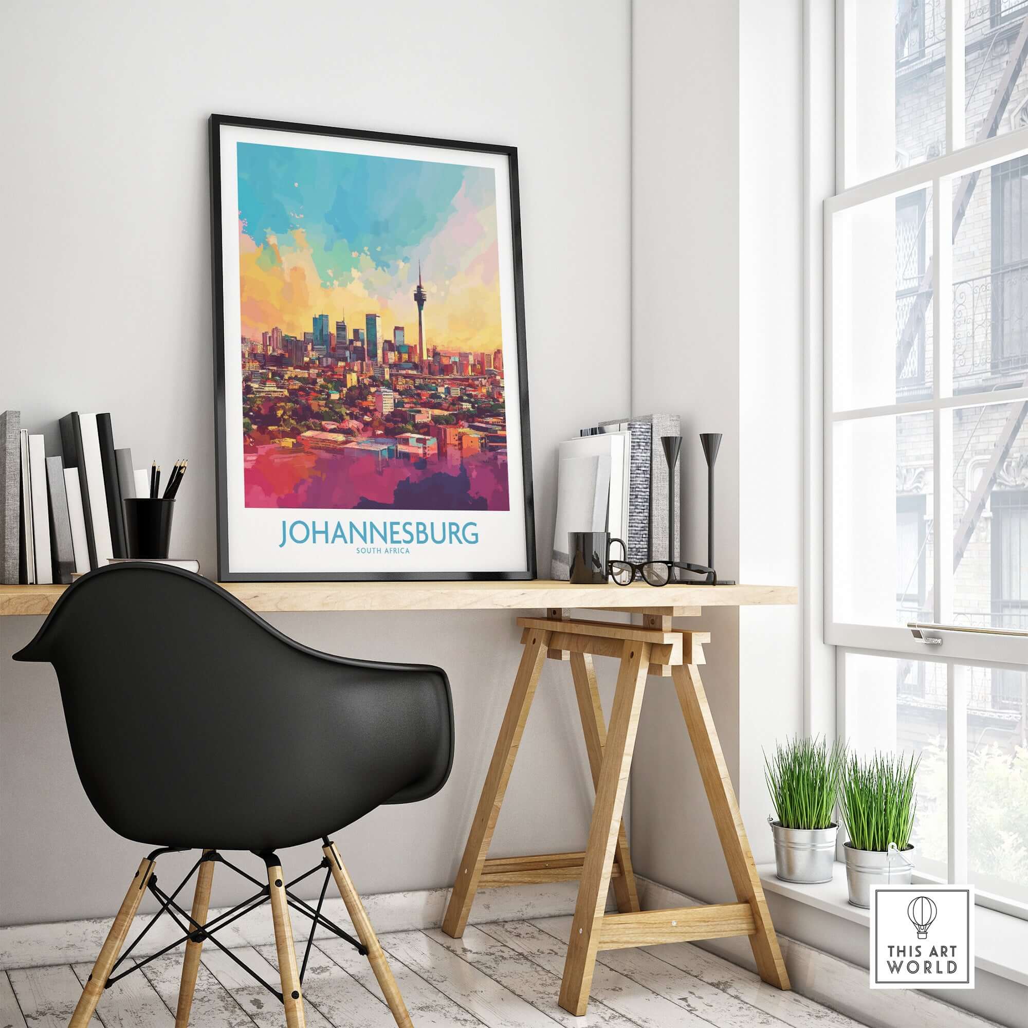 Joburg Skyline Poster - Johannesburg, South Africa Premium Cityscape Art displayed in a stylish office setting.