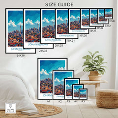 Joburg South Africa Skyline - Johannesburg Cityscape Wall Art size guide showcasing various print sizes.