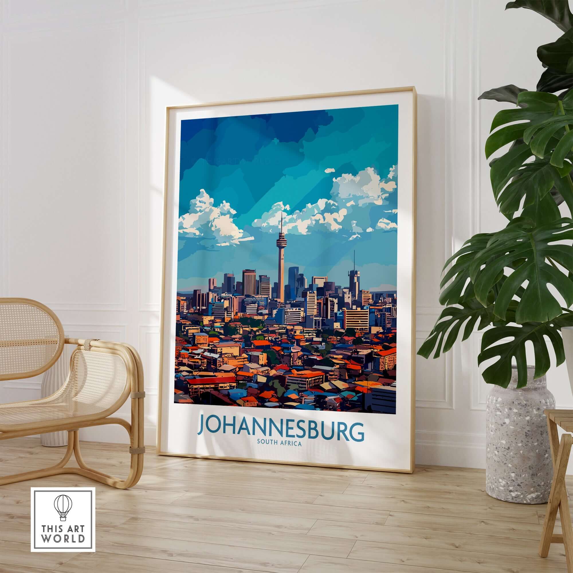 Joburg South Africa Skyline - Johannesburg Cityscape Wall Art featuring a vibrant cityscape print in a modern setting.