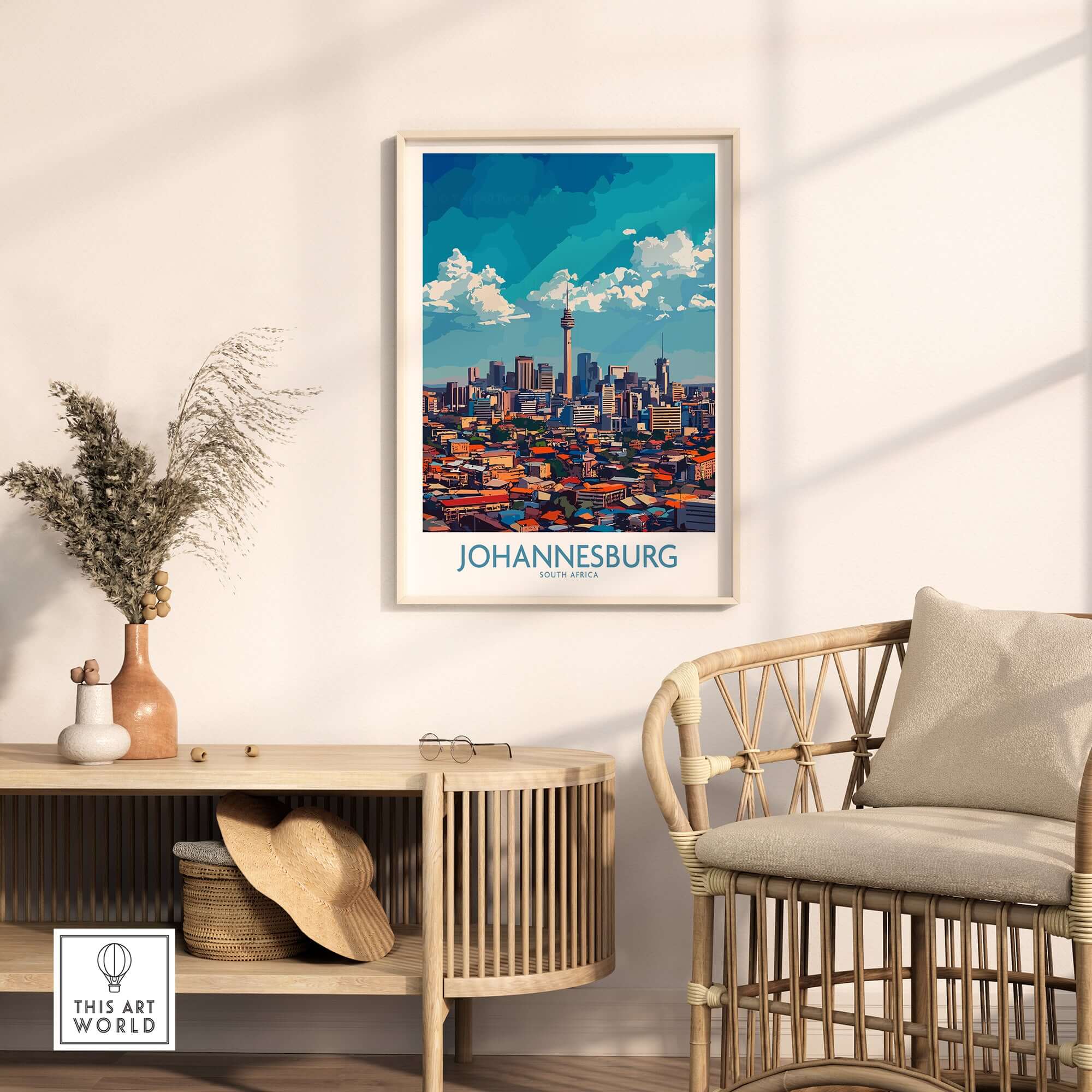 Joburg South Africa Skyline - Johannesburg Cityscape Wall Art displayed in a stylish interior setting.