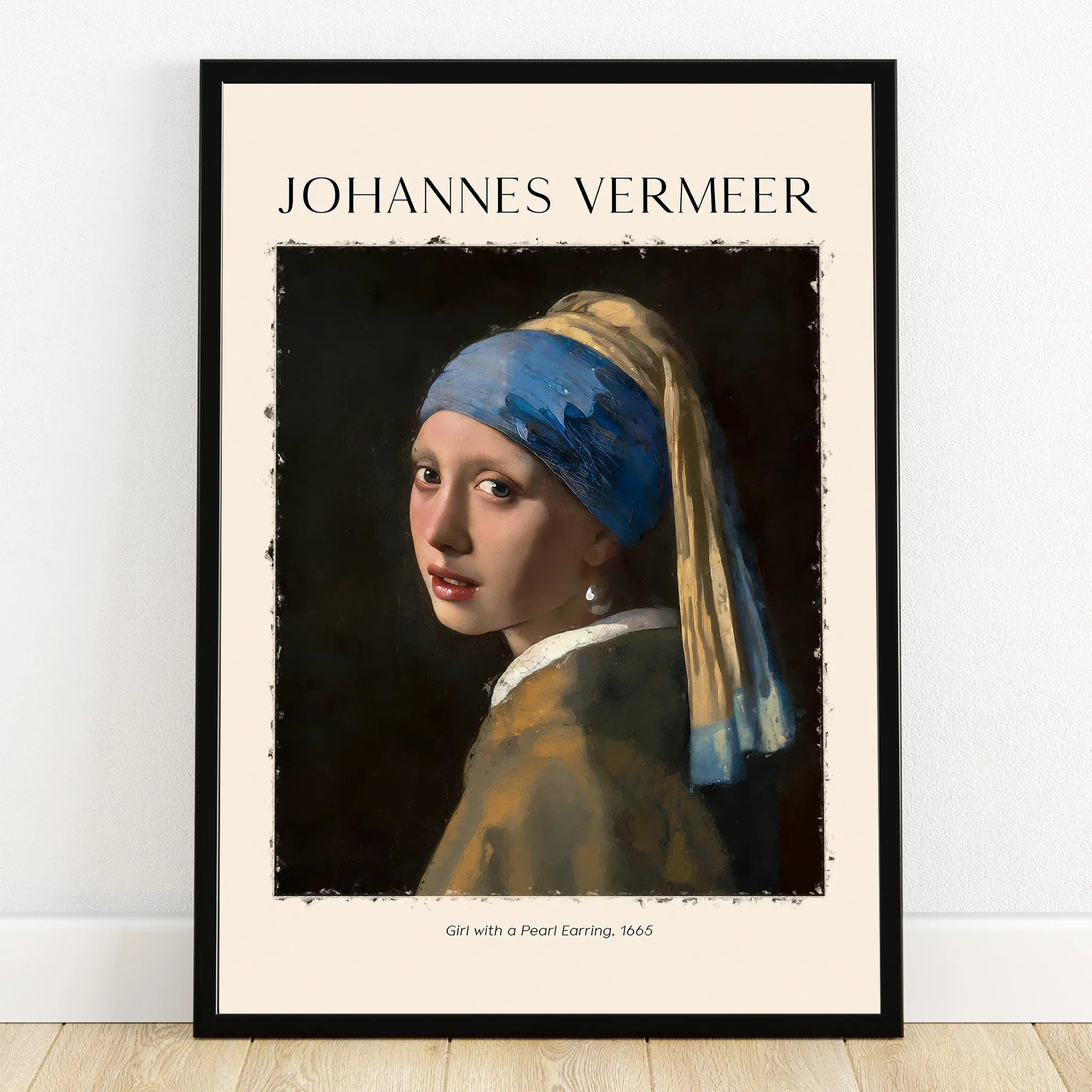 Framed wall art print of Girl with a Pearl Earring by Johannes Vermeer, minimalist design
