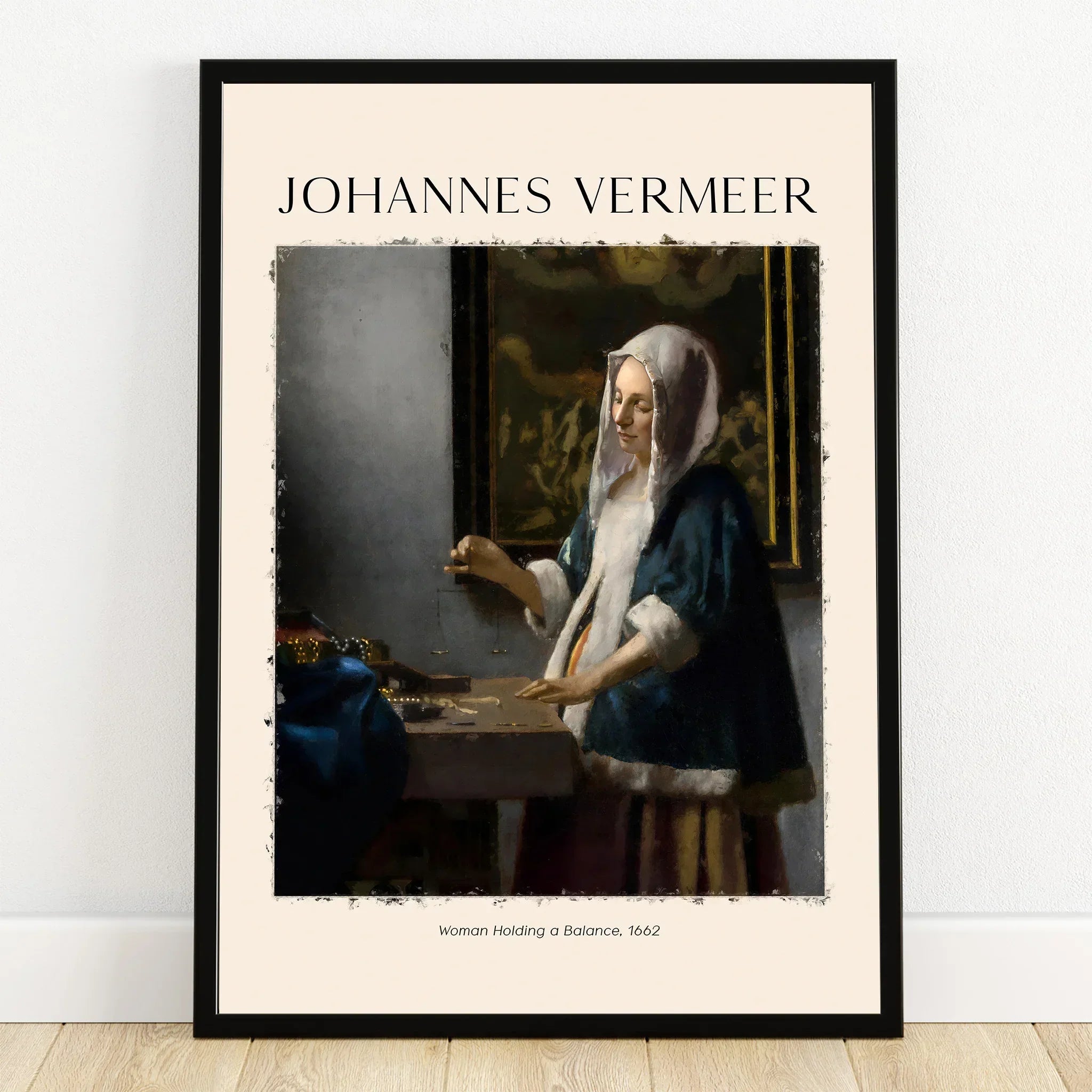 Framed print of Vermeer's Woman Holding a Balance, classic art poster wall decor