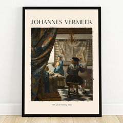 Framed Johannes Vermeer Art of Painting print with artist and model in a classic interior