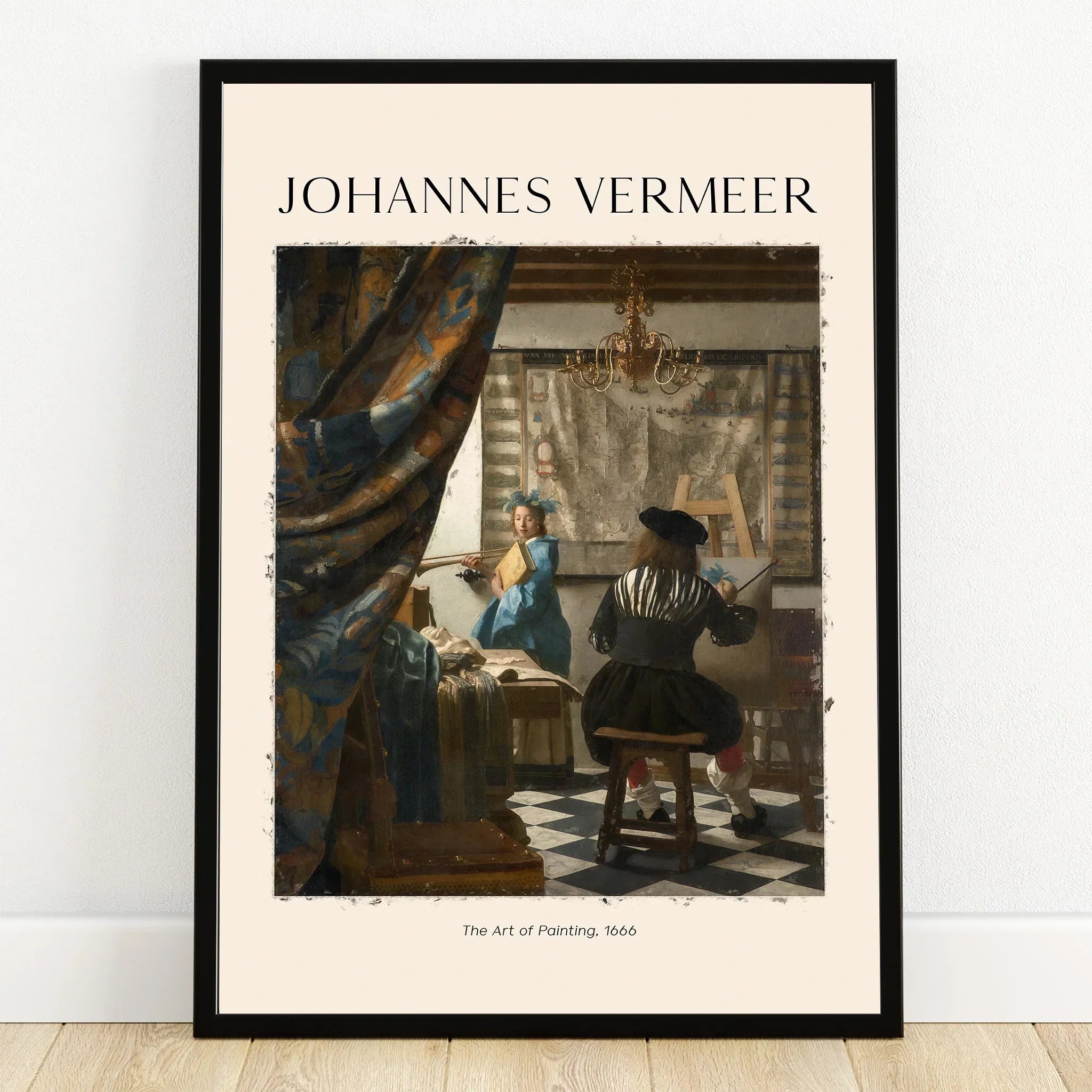 Framed Johannes Vermeer Art of Painting print with artist and model in a classic interior