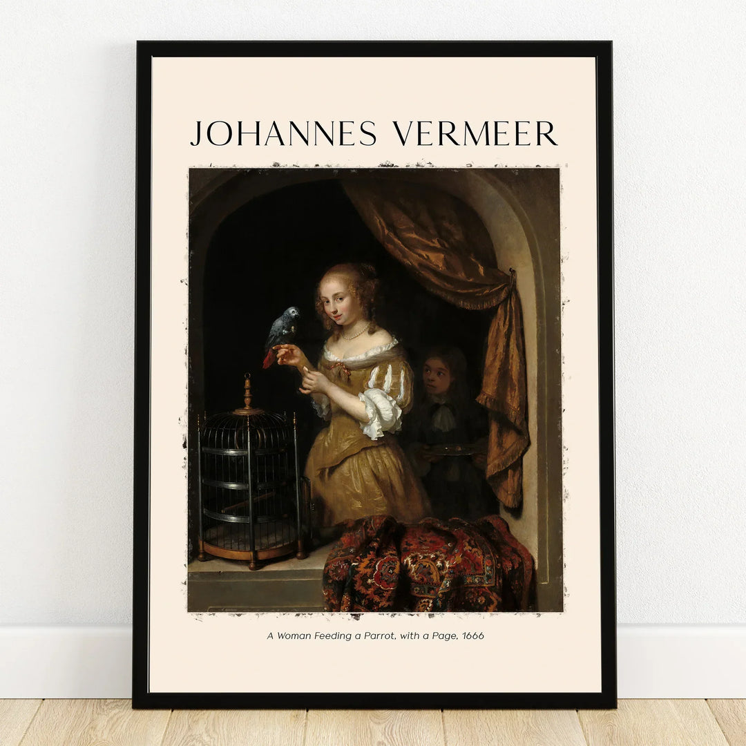 Framed art print of a woman feeding a parrot by a window, classic Vermeer painting replica