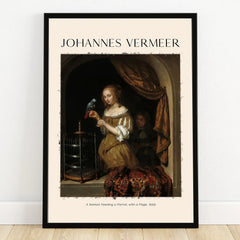 Framed art print of a woman feeding a parrot by a window, classic Vermeer painting replica