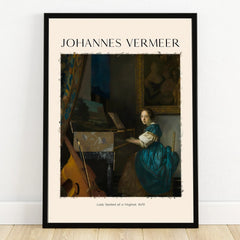 Framed art print of Vermeer's Lady Seated at a Virginal with musical instruments, wall decor