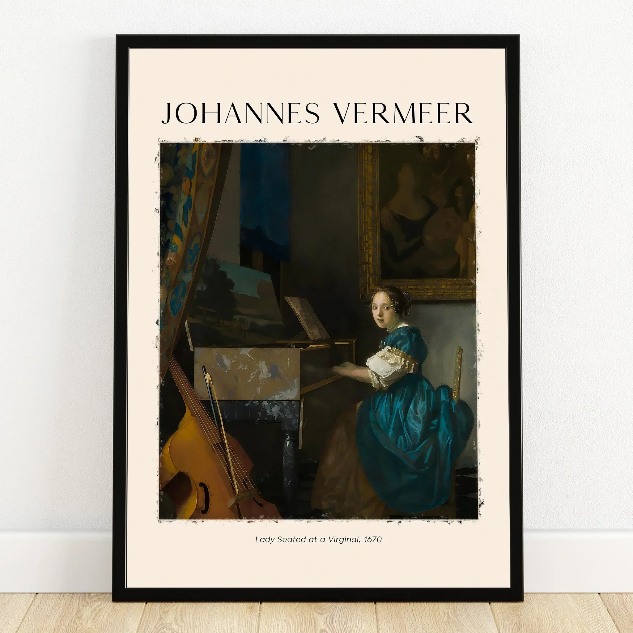 Framed art print of Vermeer's Lady Seated at a Virginal with musical instruments, wall decor