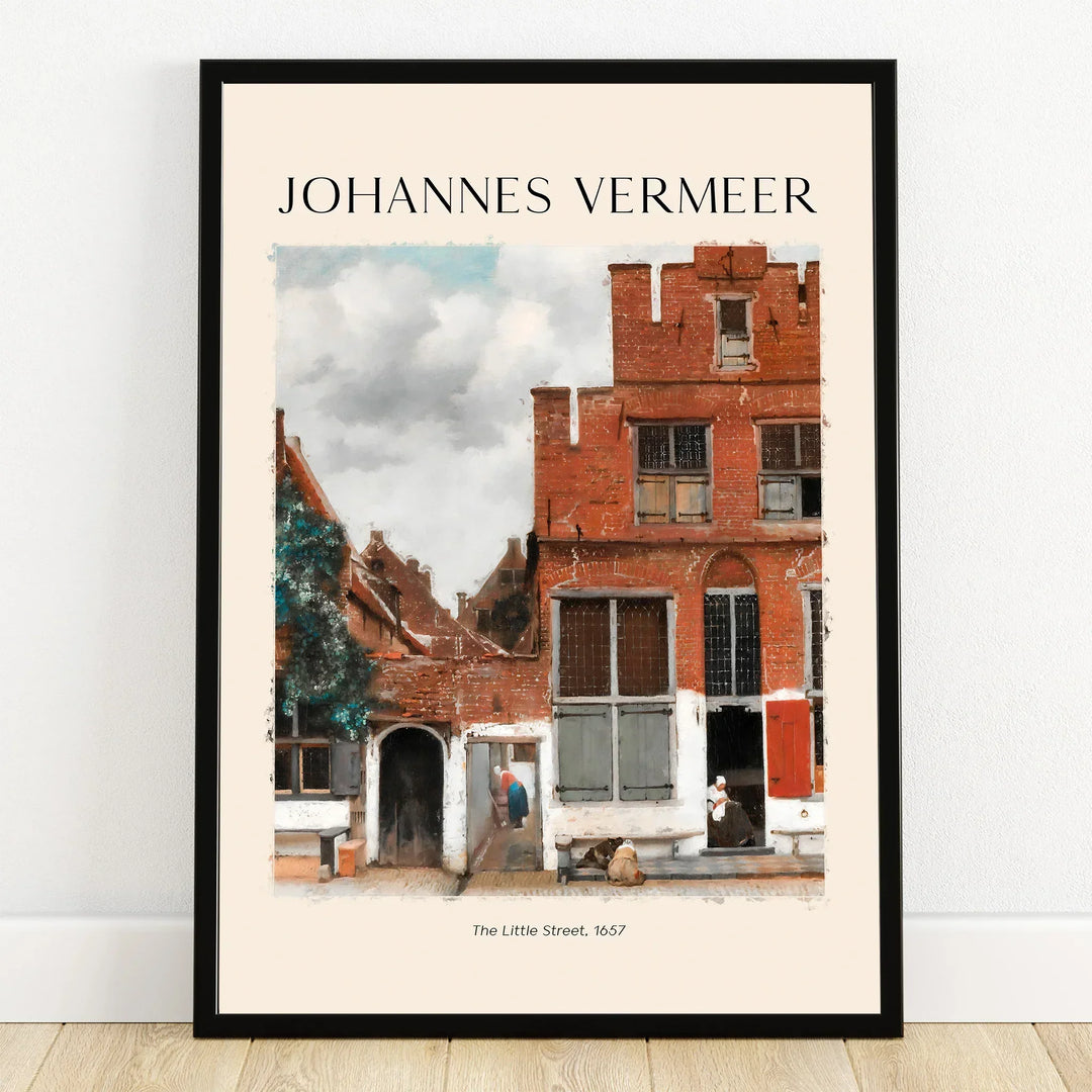 Framed wall art print of Johannes Vermeer’s The Little Street, red brick Dutch houses.