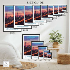 Johannesburg JHB Art - South Africa Joburg Skyline Poster Print size guide displayed on various frames and sizes.