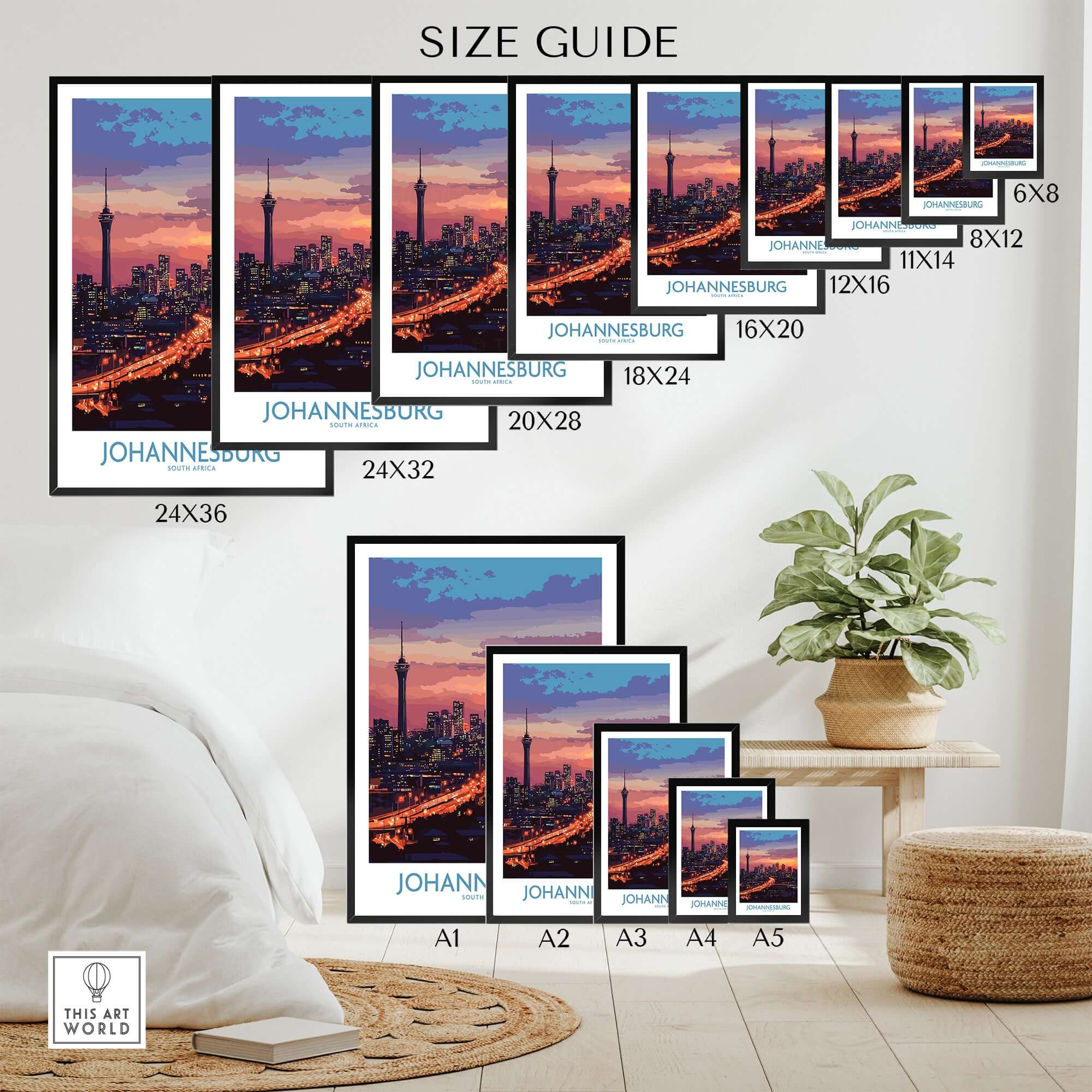 Johannesburg JHB Art - South Africa Joburg Skyline Poster Print size guide displayed on various frames and sizes.