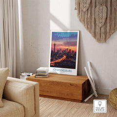 Johannesburg JHB Art - South Africa Joburg Skyline Poster Print displayed in a stylish living room setting.