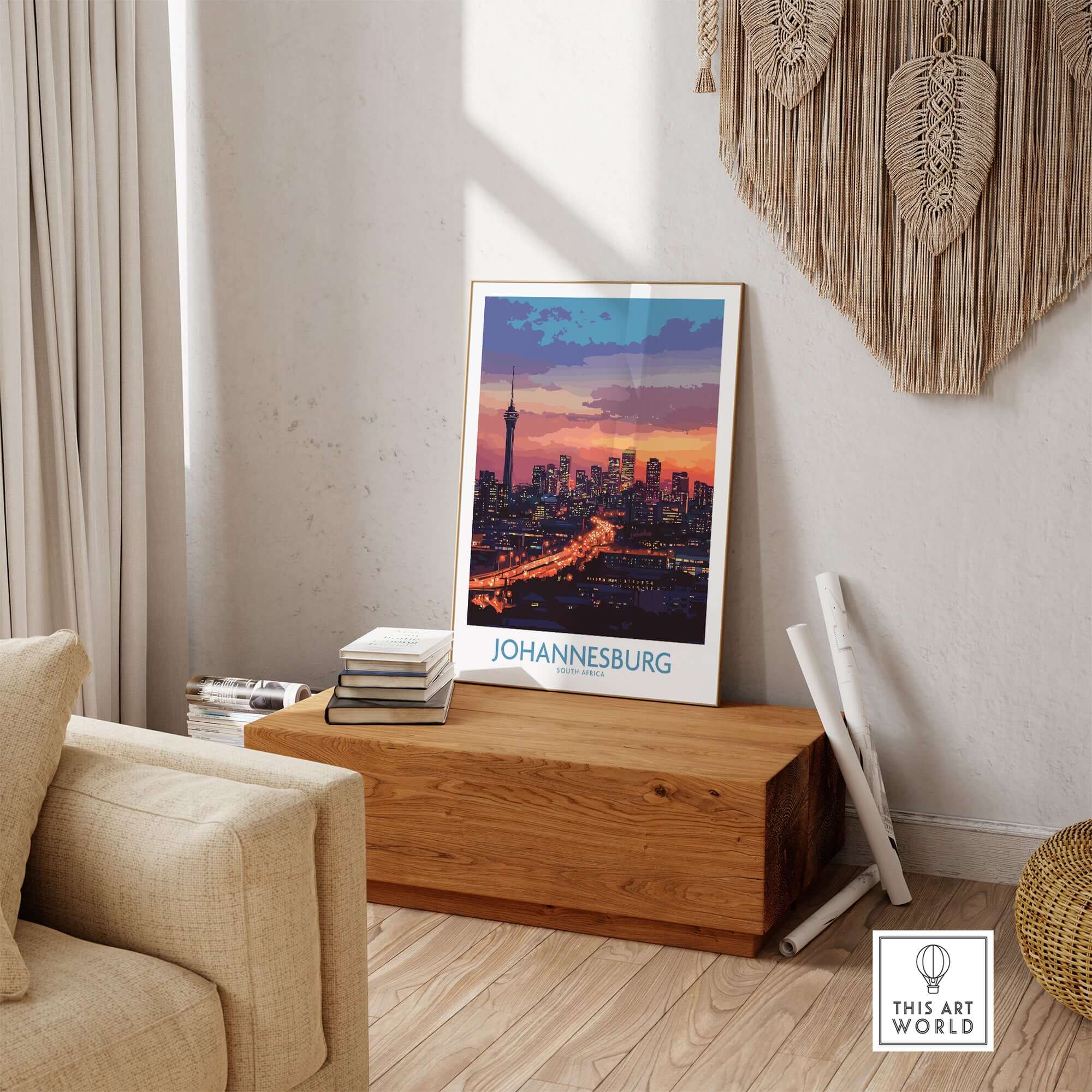 Johannesburg JHB Art - South Africa Joburg Skyline Poster Print displayed in a stylish living room setting.