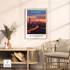 Johannesburg JHB Art - South Africa Joburg Skyline Poster Print displayed in a stylish living room setting.