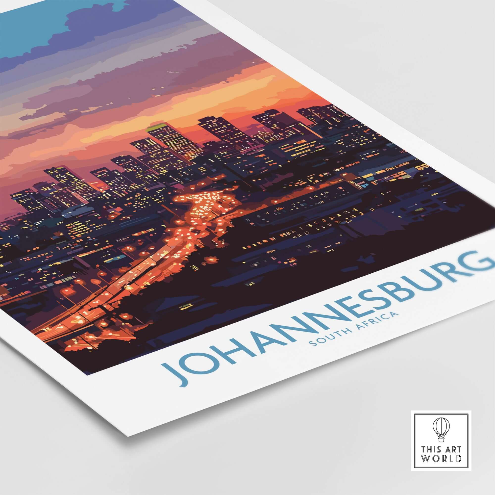 Johannesburg JHB Art - South Africa Joburg Skyline Poster Print featuring a vibrant night skyline in stunning colors.