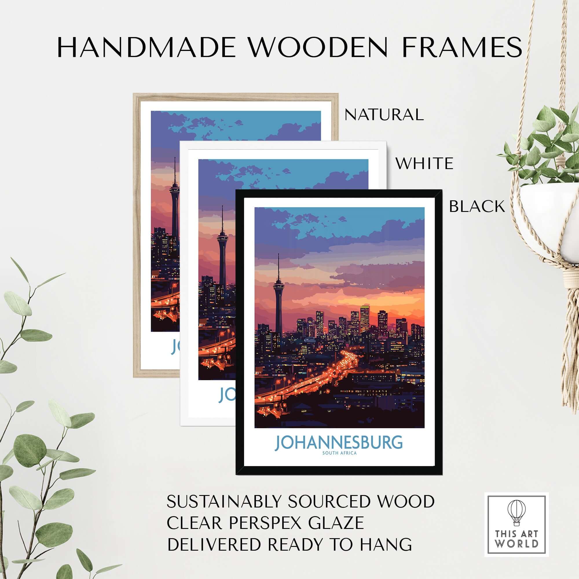 Handmade wooden frames for Johannesburg JHB Art - South Africa Joburg Skyline Poster Print in natural, white, and black.