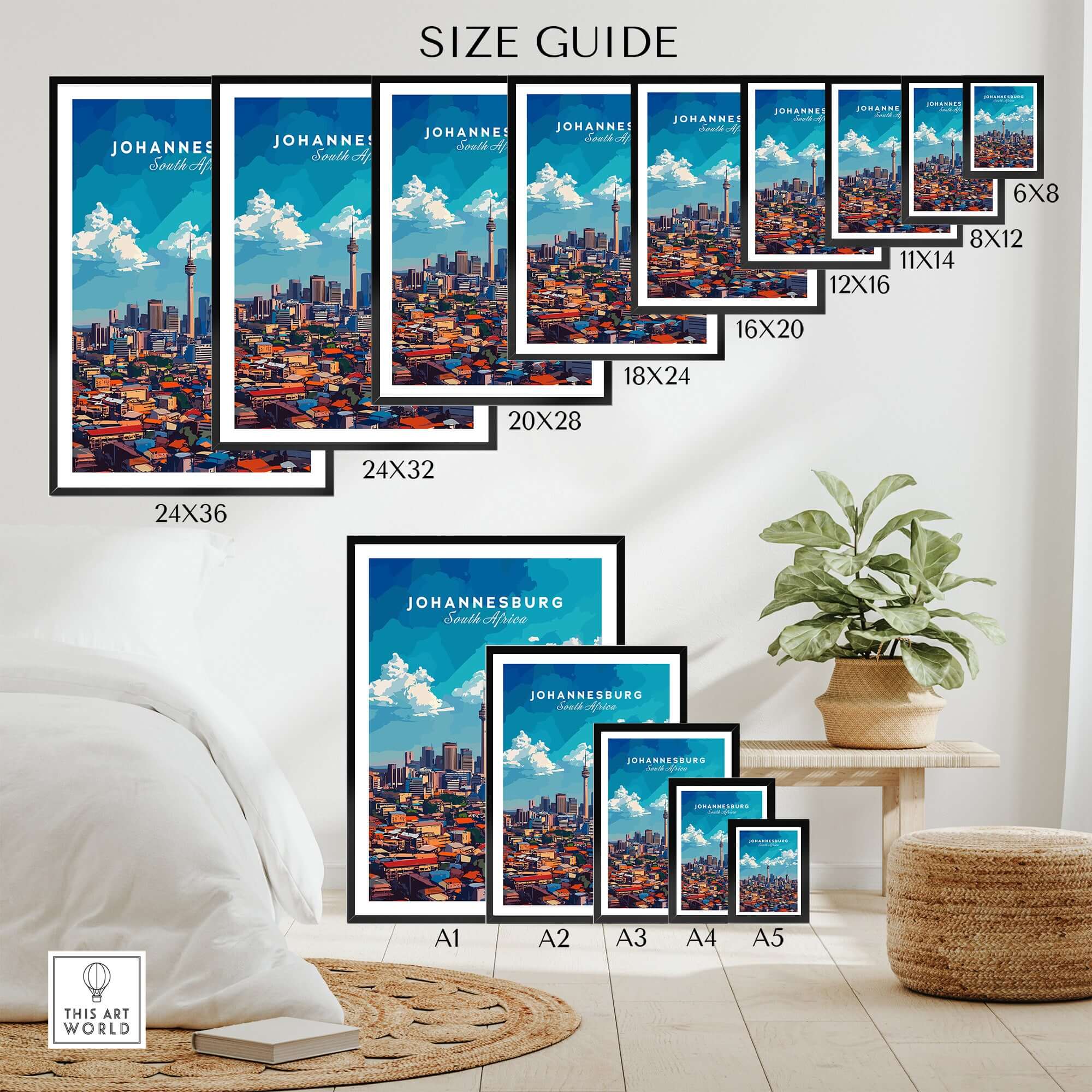 Johannesburg Skyline Art Print - Joburg Cityscape, South Africa Poster size guide with various frame sizes displayed.