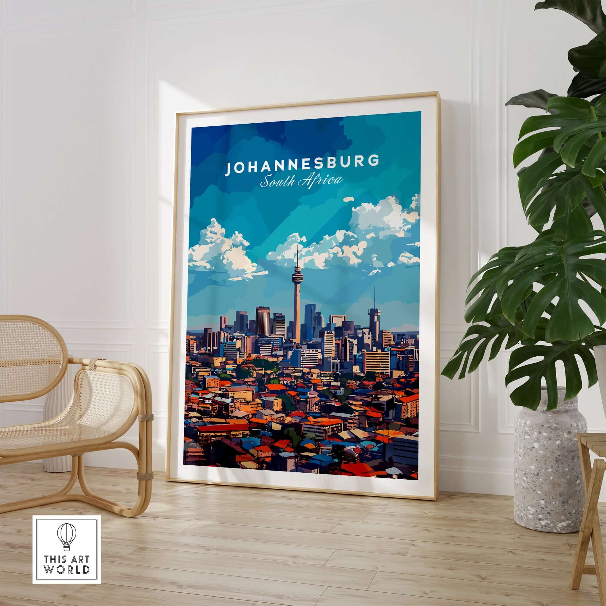 Johannesburg Skyline Art Print - Joburg Cityscape, South Africa Poster displayed in a modern interior setting.