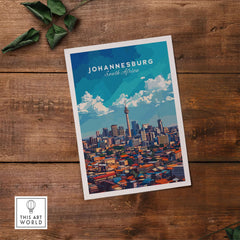 Johannesburg Skyline Art Print - Joburg Cityscape, South Africa Poster on wooden background with greenery