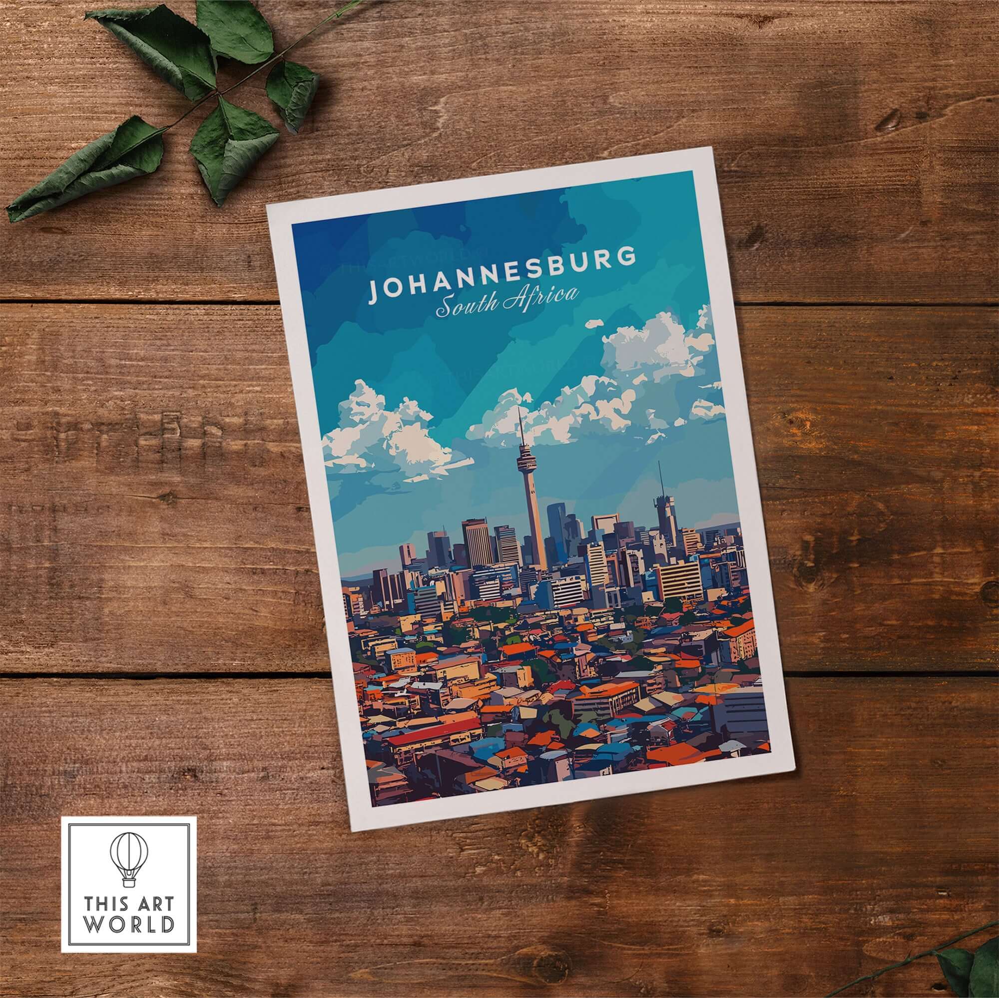 Johannesburg Skyline Art Print - Joburg Cityscape, South Africa Poster on wooden background with greenery