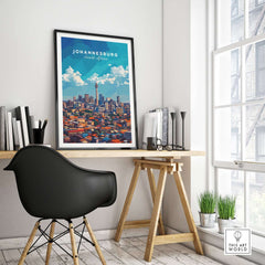 Johannesburg Skyline Art Print - Joburg Cityscape, South Africa Poster displayed on a desk in a modern interior.