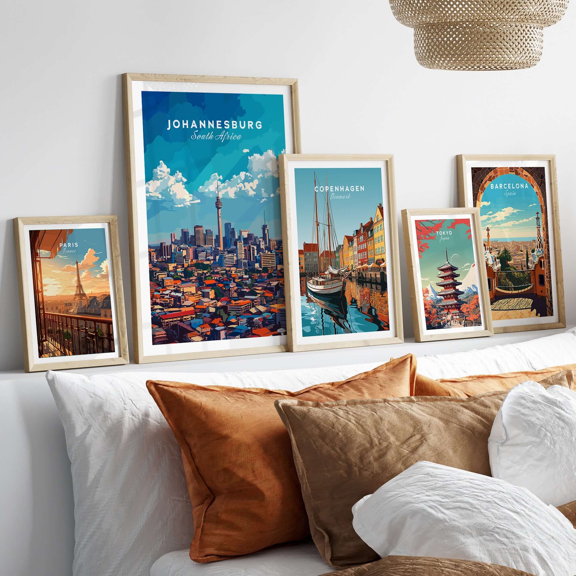 Johannesburg Skyline Art Print - Joburg Cityscape, South Africa Poster displayed in a stylish interior setting.