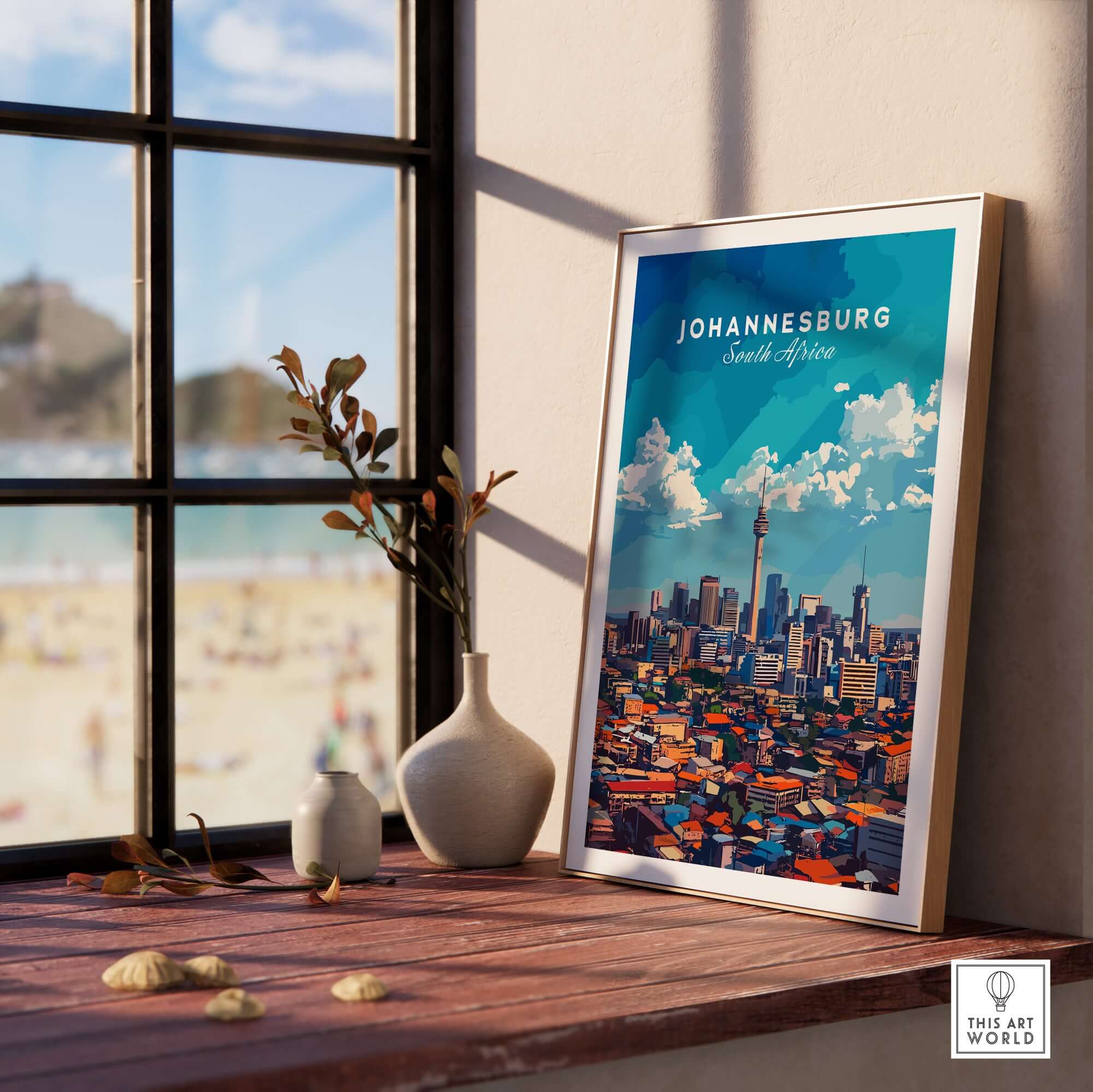 Johannesburg Skyline Art Print - Joburg Cityscape, South Africa Poster displayed in a bright room by the window.