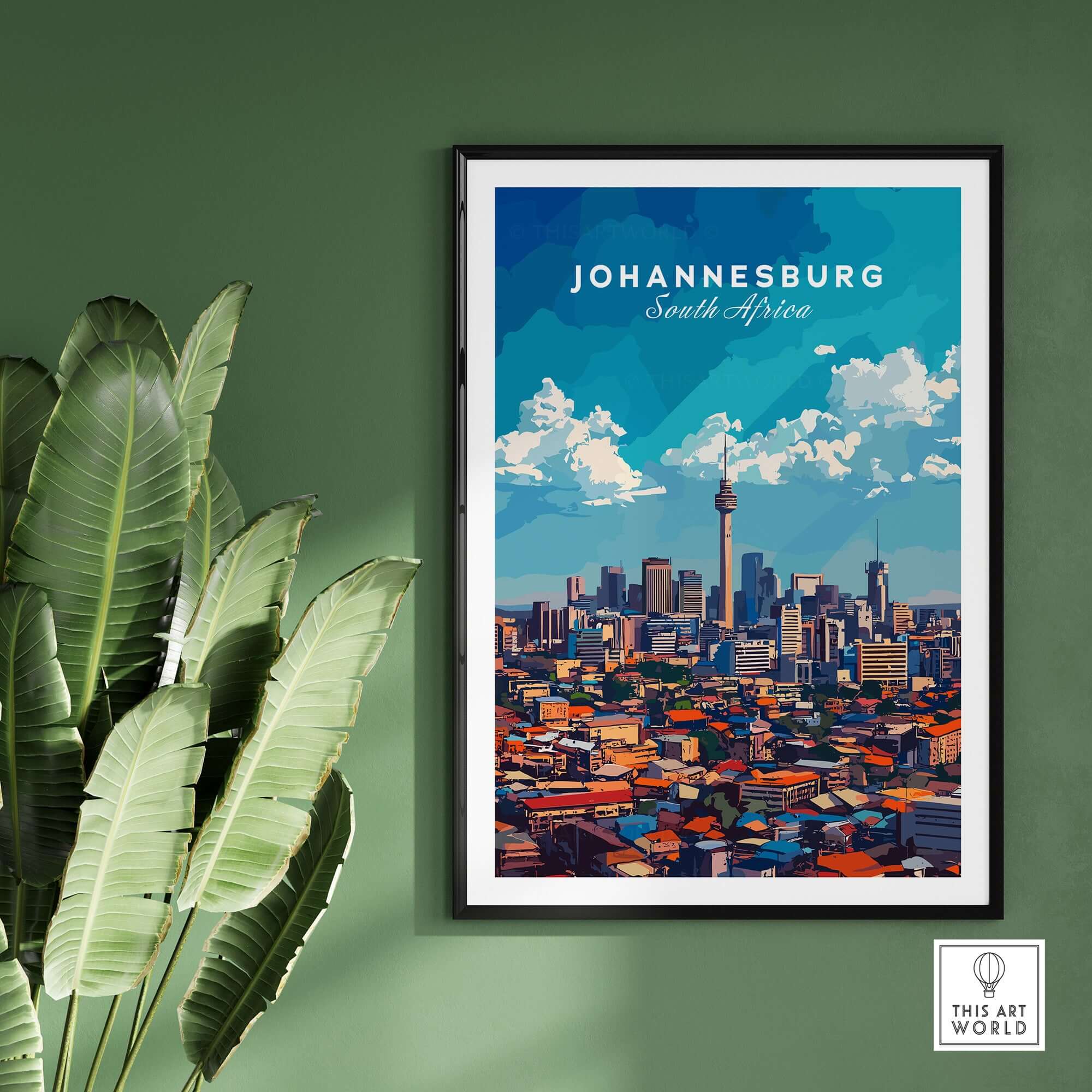 Johannesburg Skyline Art Print - Joburg Cityscape, South Africa Poster in a stylish frame on a green wall.