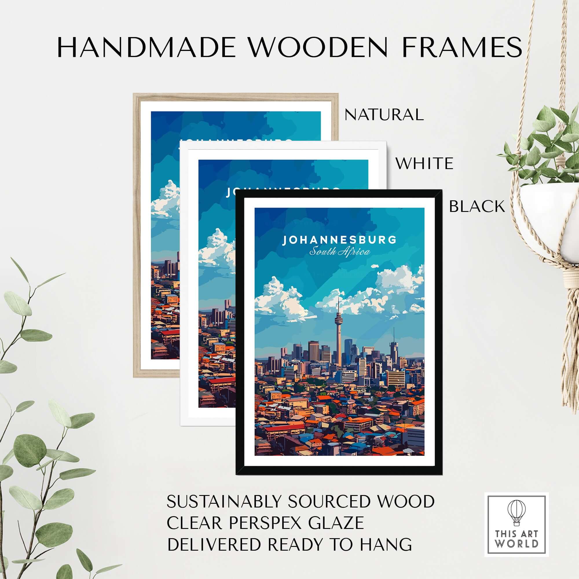Johannesburg Skyline Art Print - Joburg Cityscape, South Africa Poster in handmade wooden frames.